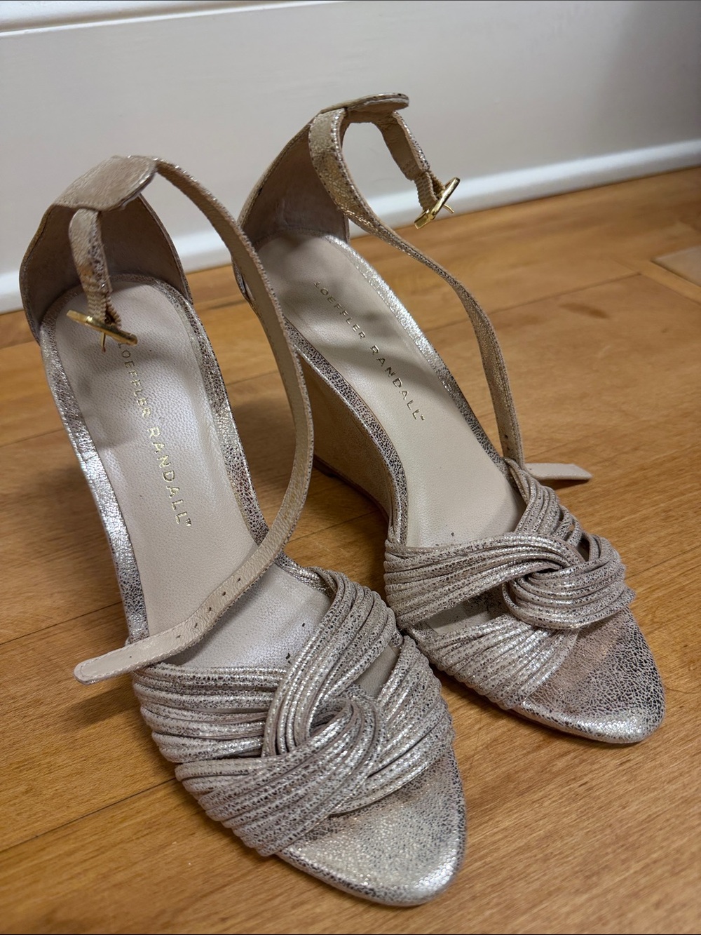 Loeffler Randall Metallic Knot Wedge Sandals in Shimmering Gold